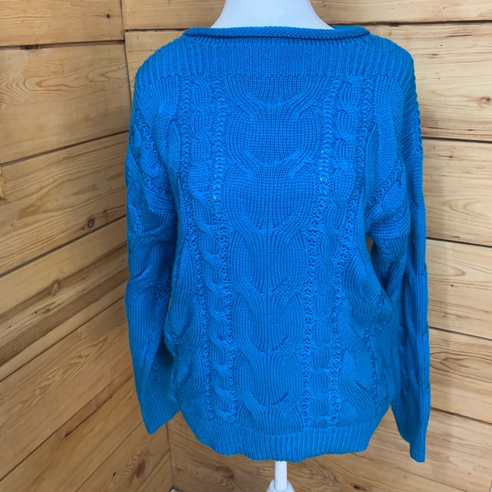 Neon Blue Cable Knit Boat Neck Oversized Fisherman Sweater Women Medium